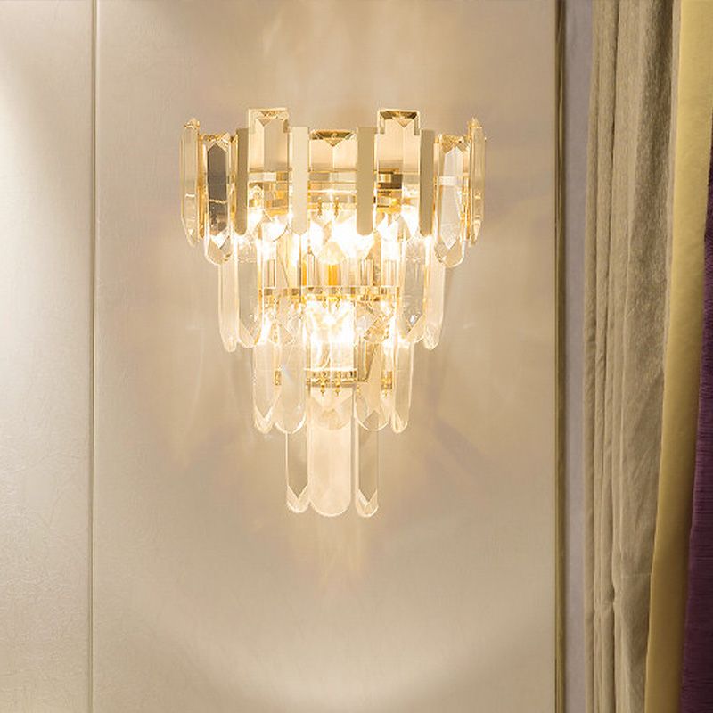 Gold 4 Layers Wall Mounted Light Modern 3 Heads Crystal Block Sconce Light Fixture