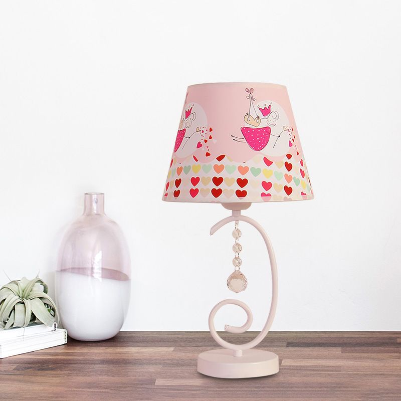 Barrel Bedroom Table Light Fabric 1 Bulb Cartoon Night Lamp in White with Crystal Drop and Sheep/Loving Heart/Elephant Pattern