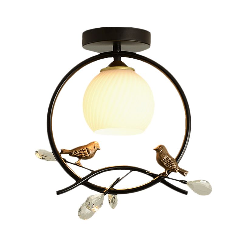 Metal Ring Semi-Flush Mount Modernist 1-Head Black/Gold Finish Flush Lighting with Bird and Crystal Deco