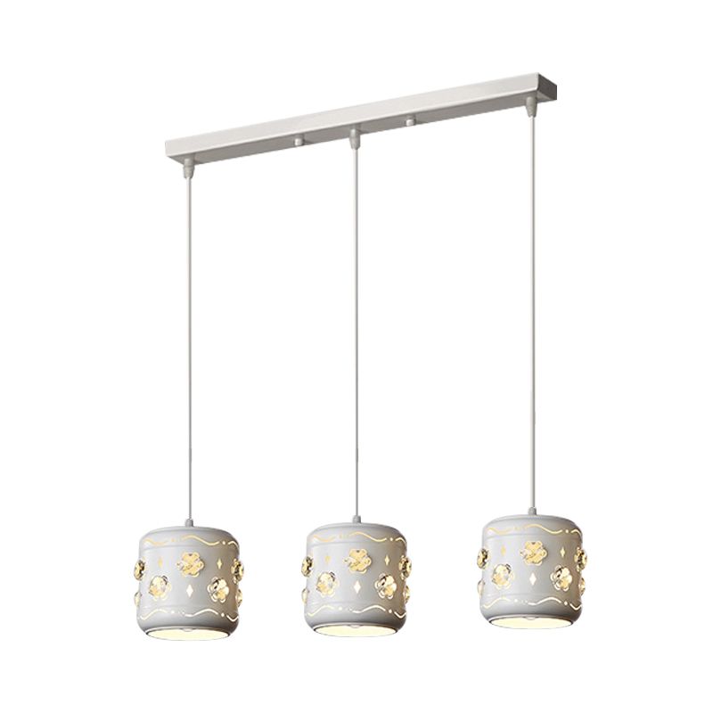 Flower Crystal Small Drum Cluster Pendant Modernism 3 Bulbs White Ceiling Suspension Light