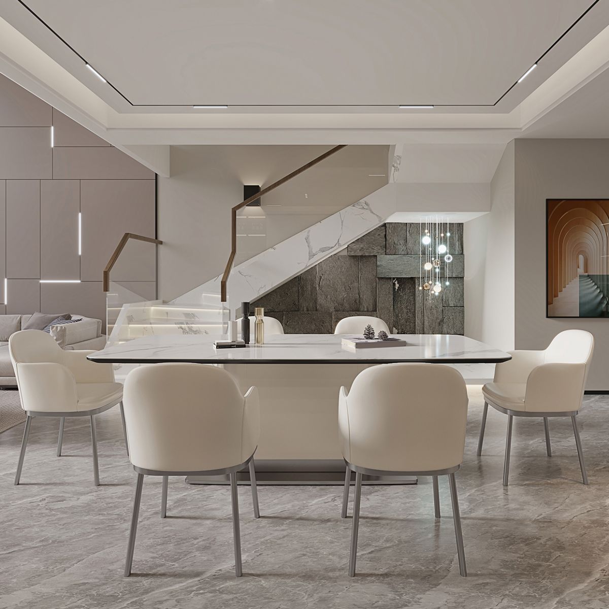 Contemporary White Stone Dining Set 1/4/7 Pieces Dining Table Set with Arm Chairs