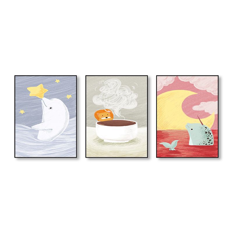 White Animal View Painting Illustraction Children's Art Textured Canvas for Sitting Room