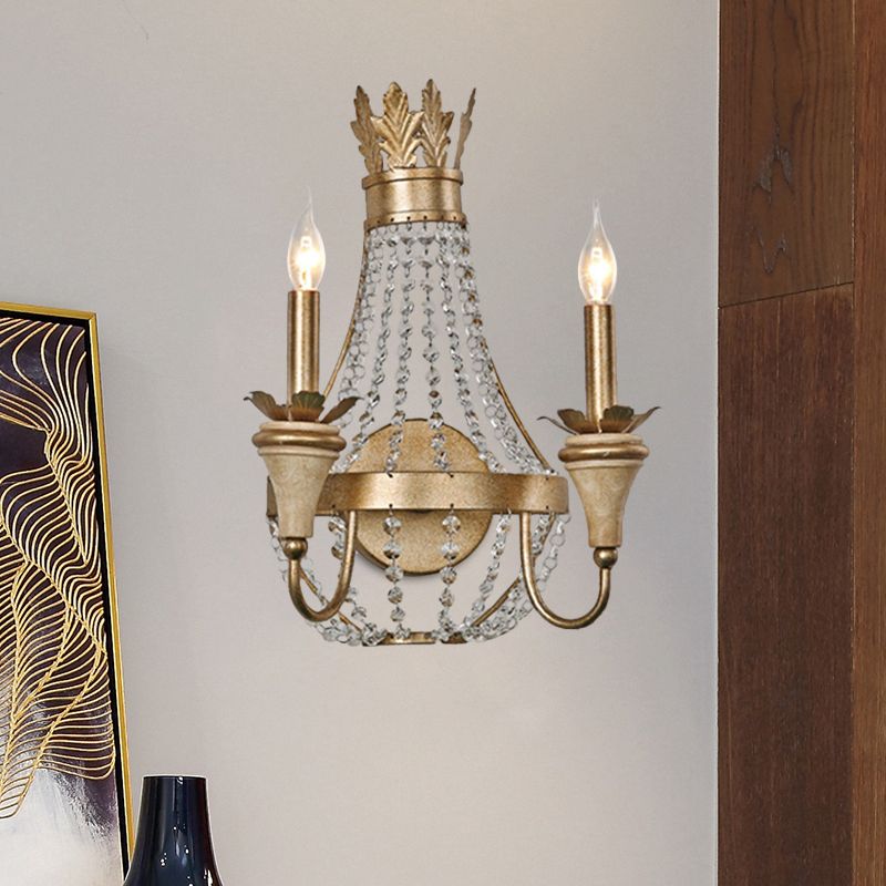 2 Bulbs Wall Sconce Lighting Farmhouse Crystal Strand Candelabra Wall Mounted Lamp in Gold