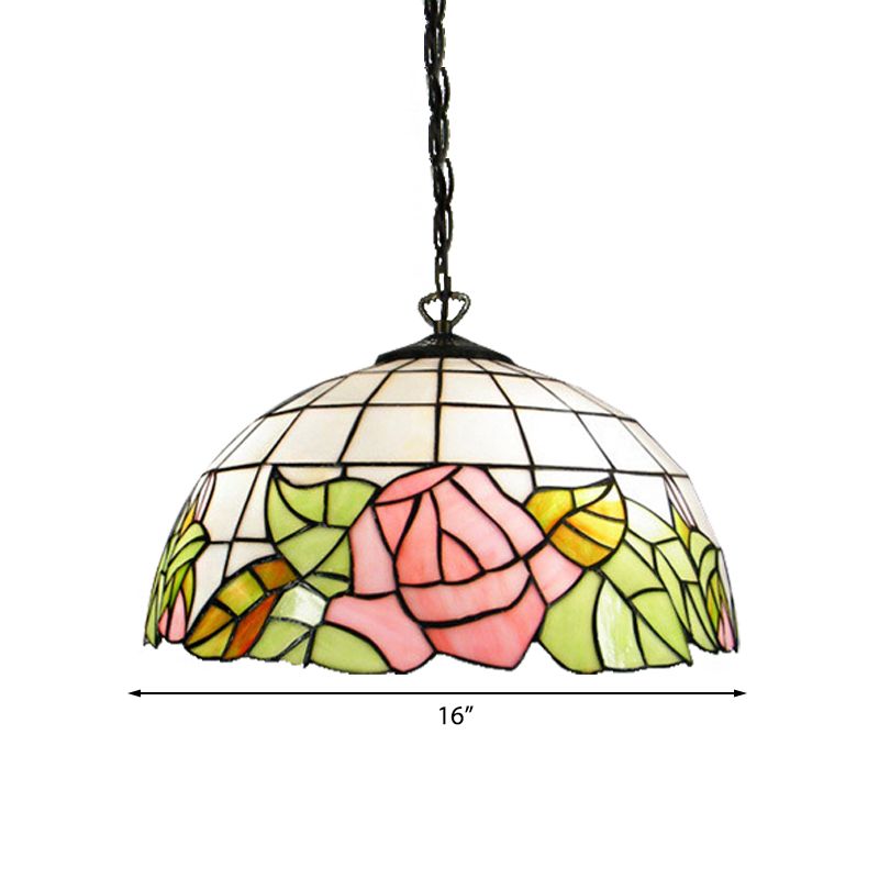 2 Heads Dome Ceiling Lamp Baroque Pink Stained Glass Hanging Light Kit for Living Room
