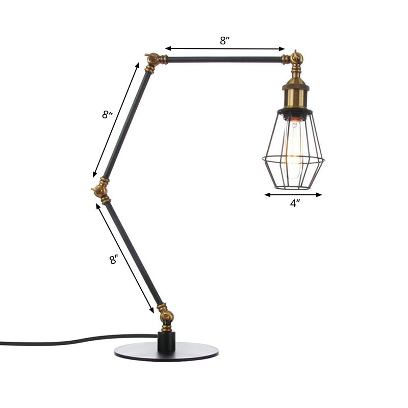 Wire Frame Table Lighting Industrial Style Metal 1 Light Black/Brass Finish Table Lamp with Adjustable Arm