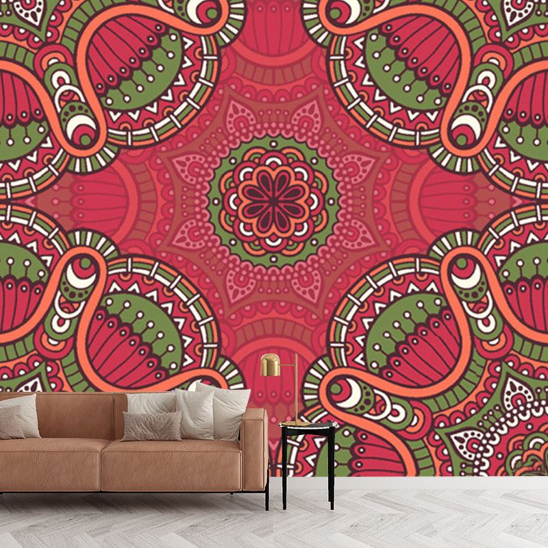 Large Boho Style Wall Mural Decal Red-Green Abstract Wall Art, Custom Size Available