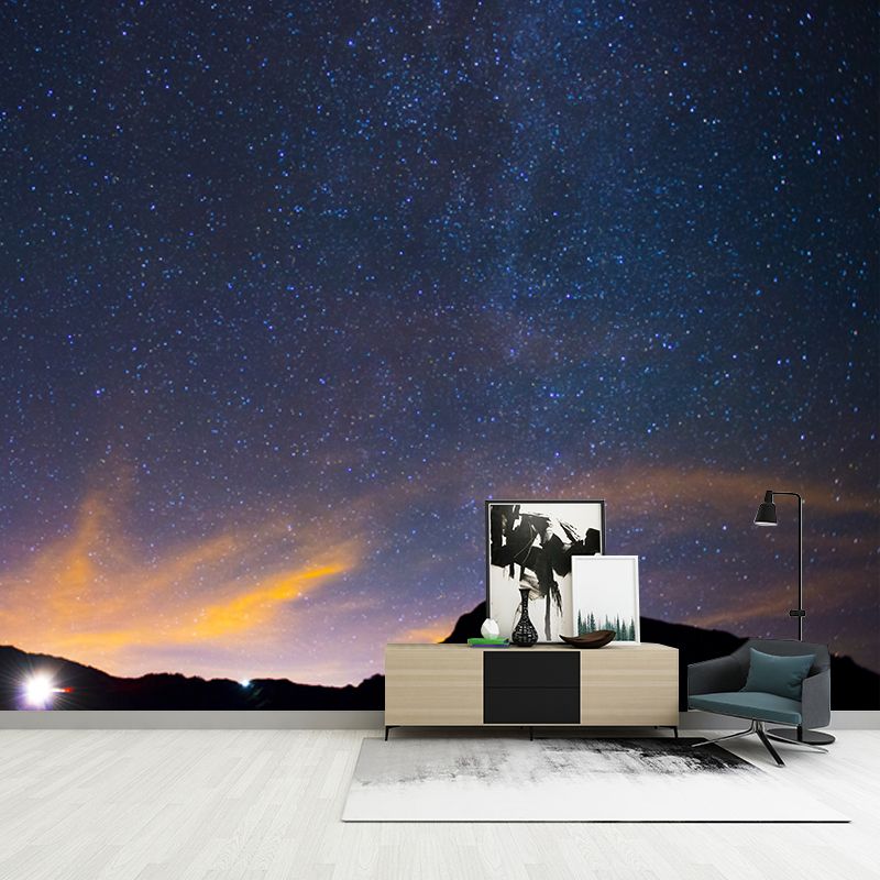 Modern Art Sky Wallpaper Mural Blue-Yellow Starry Night Wall Covering for Bedroom