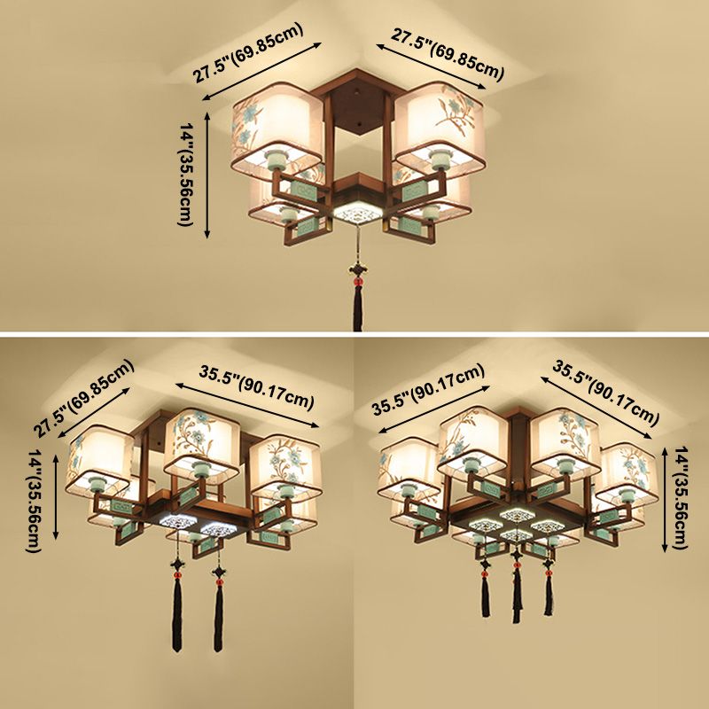 Plafonnier encastré en tissu de style chinois, 4/6/8 ampoules, pour salon