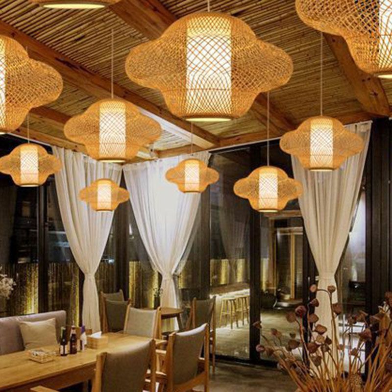 Asian Style Handwoven Suspension Lighting Bamboo 1 Head Restaurant Pendant Ceiling Light