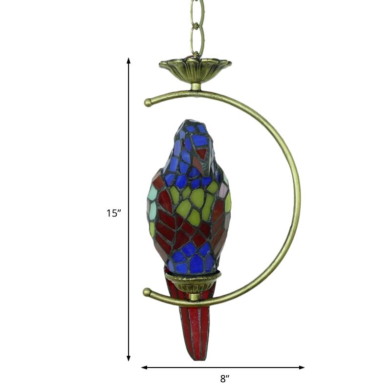 Blue/Green Parrot Suspension Pendant Light Tiffany Style 1 Light Stained Art Glass Ceiling Lamp for Bedroom