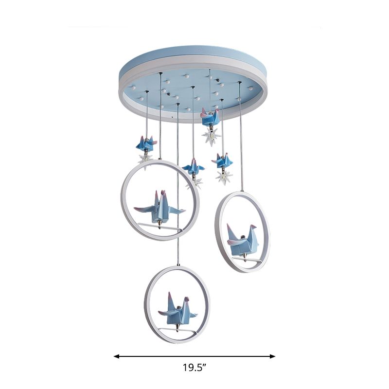 Metallic Circular Hanging Chandelier Kids LED Pendant Light in Blue with Paper Cranes Decor