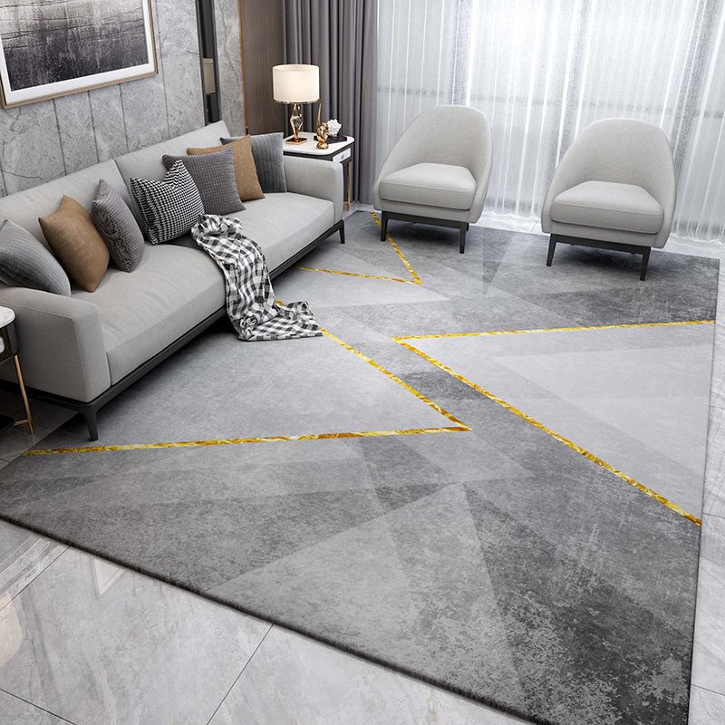 Grey Geometry Print Rug Polyester Contemporary Carpet Stain Resistant Area Rug for Living Room