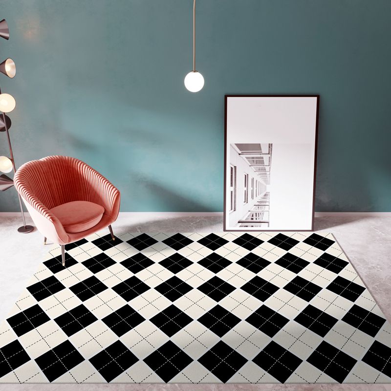 Sapphire Blue Modern Rug Polyester Grid Rug Washable Rug for Living Room