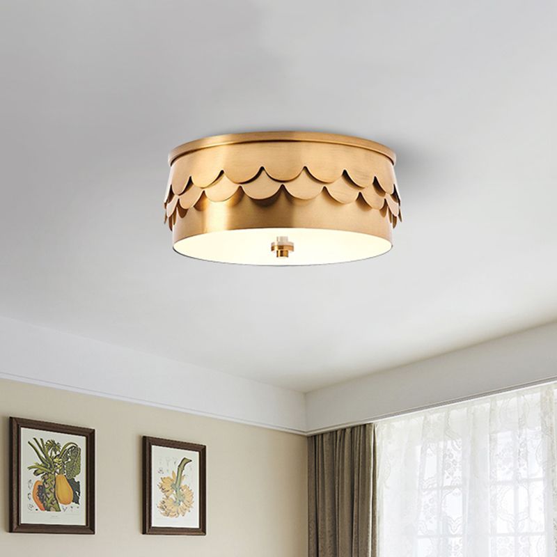 Drum Ceiling Mounted Light Postmodern Iron LED Bedroom Flush Mount Lamp in Gold with Ruffled Edge