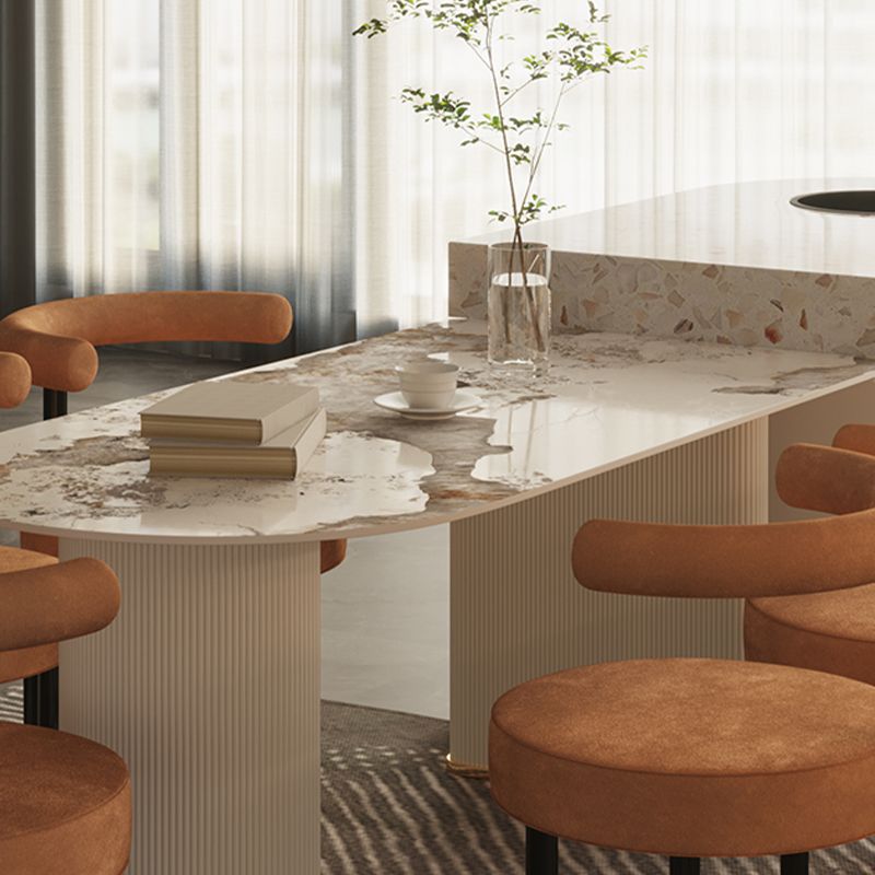 White Stone Top Dinette Table with Double Pedestal Modern Free Form Dining Table