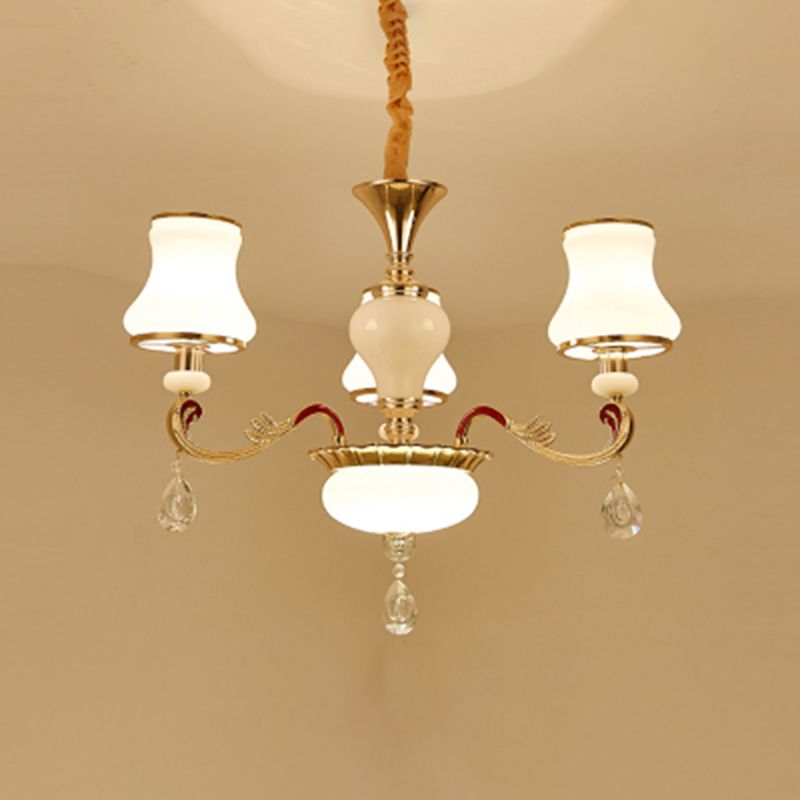 White Glass Bud Ceiling Lighting Traditional Living Room Chandelier Light Fixture with Crystal Draping