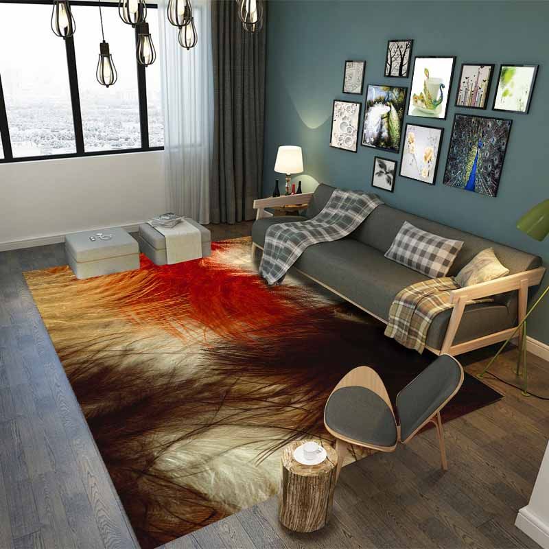 Green Modern Area Carpet Feather Pattern Polyester Area Rug Stain Resistant Rug for Home Decor