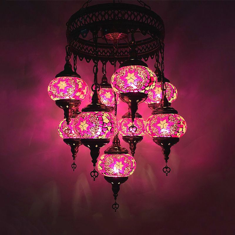 Kugel Kronleuchter leichter Retro Rot/Rosa/Orange/Wassermelone Rotglas 9 Köpfe Hängende Lampe für das Restaurant