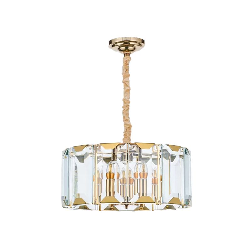 Clear Crystal Paneled Drum Pendant Lamp Modern Style 6 Lights Dining Room Chandelier Light