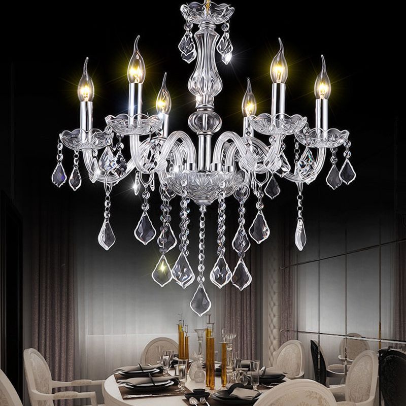 Candle Glass Chandelier Lighting Fixture Living Room Chandelier Lamp with Crystal Droplets