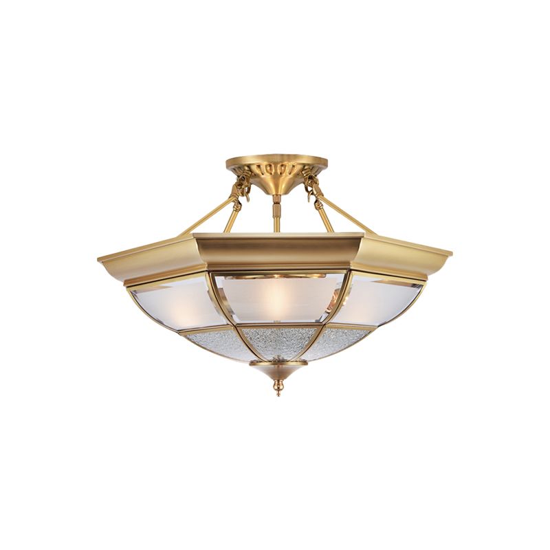 3/4-Light White Glass Semi Flush Colonialist Brass Inverted Living Room Close to Ceiling Lighting, 16"/19.5" W