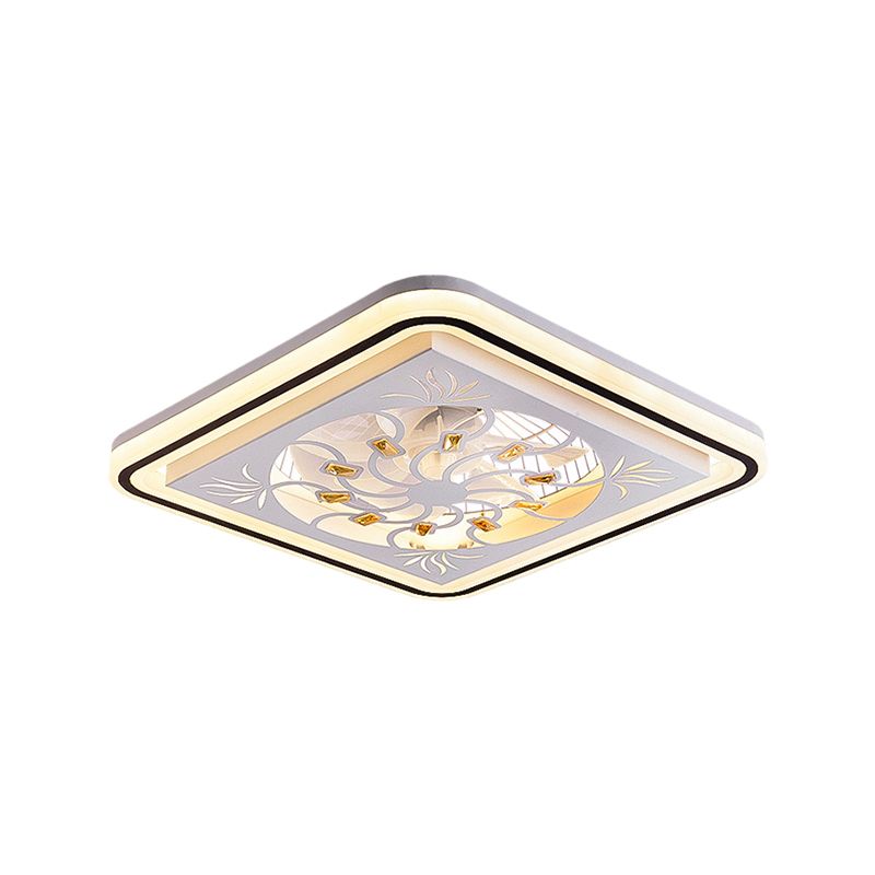 7 Blades LED Square Semi Flush Light Modern White Crystal Blocks Pendant Fan Lamp, 21.5" Wide