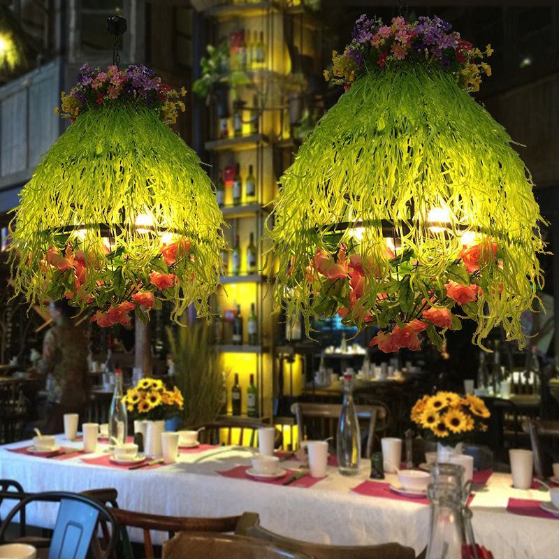 Plant Restaurant Chandelier Lighting Fixture Industrial Metal 4 Bulbs Green LED Drop Lamp
