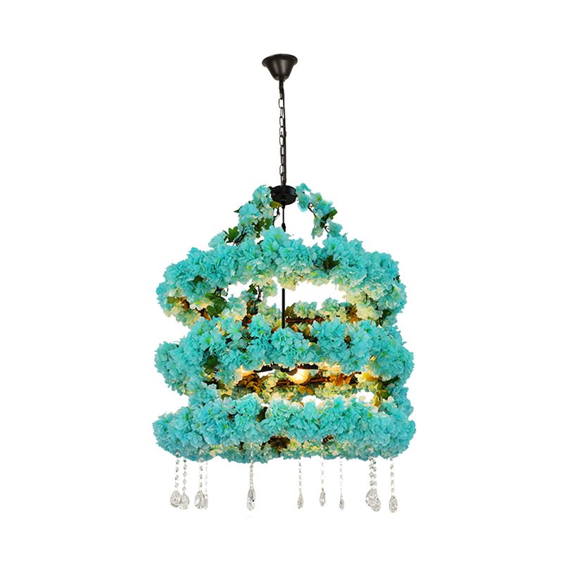 Azul 5 cabezas Lighting Lighting Vintage Metal Flower LED Suspension Colgante con acento de cristal