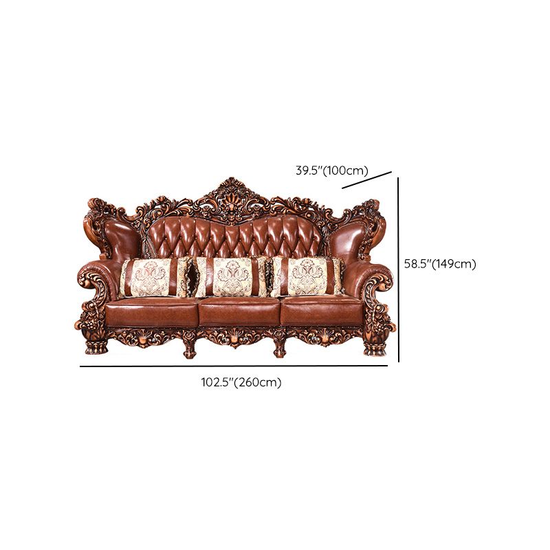 Genuine Leather Sofa Brown Tufted Split-Back Rolled Arm Sofa