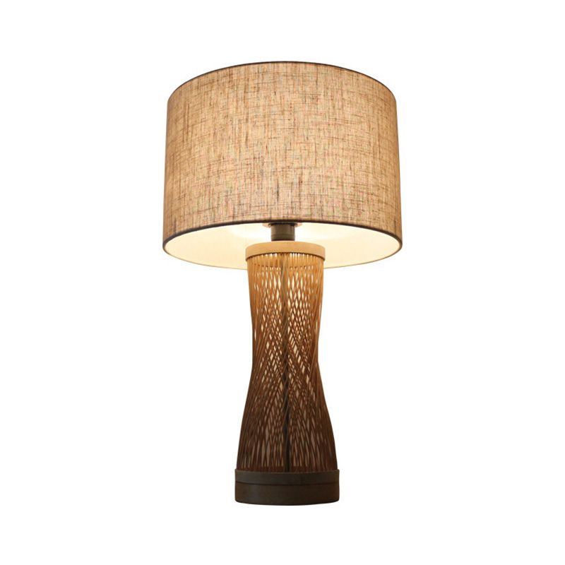 Flaxen Laser Cut Task Light Asian 1 Bulb Bamboo Small Desk Lamp with Drum Fabric Shade