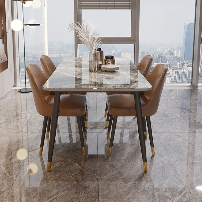 Contemporary Rectangle Stone Table for Restaurant Black Metal Pedestal Dining Table