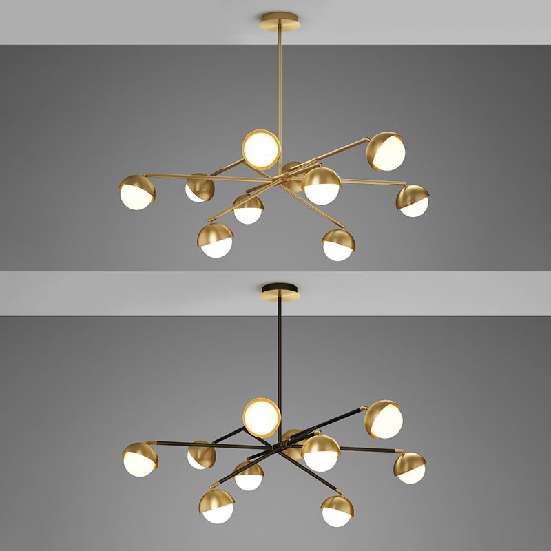 Postmodern Sputnik Chandelier Metal Living Room Pendant Light with White Glass Shade