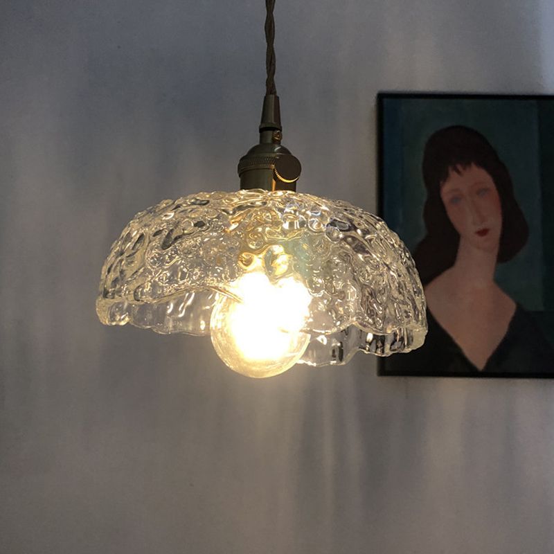 Translucent Hammered Glass Bowled Pendant Modernity Single-Bulb Brass Hanging Lighting Fixture