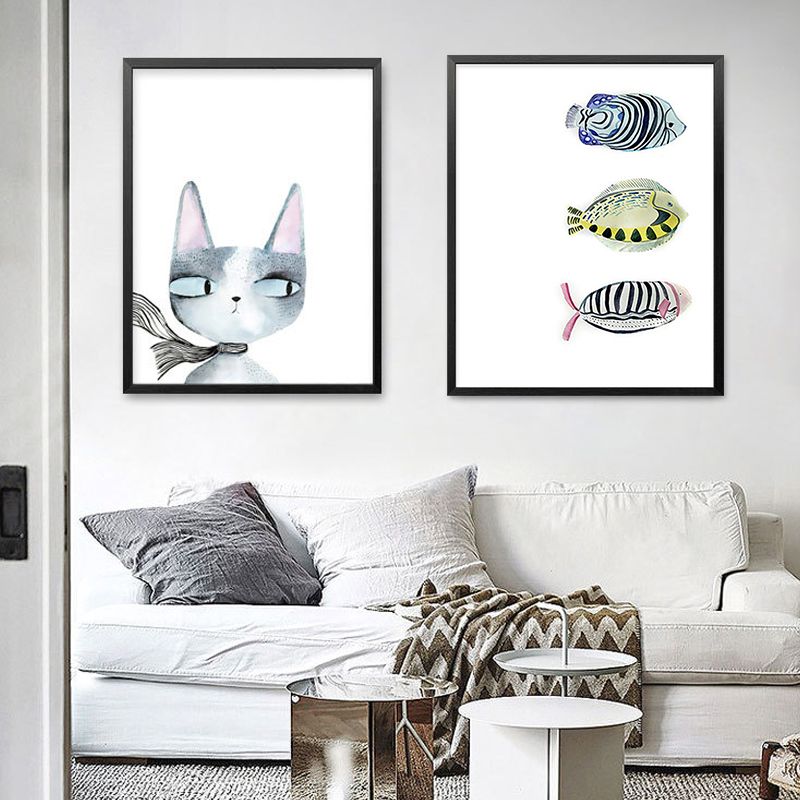 Canvas Textured Wall Art Cartoon Animal Watercolor Drawing Wall Decoration in White