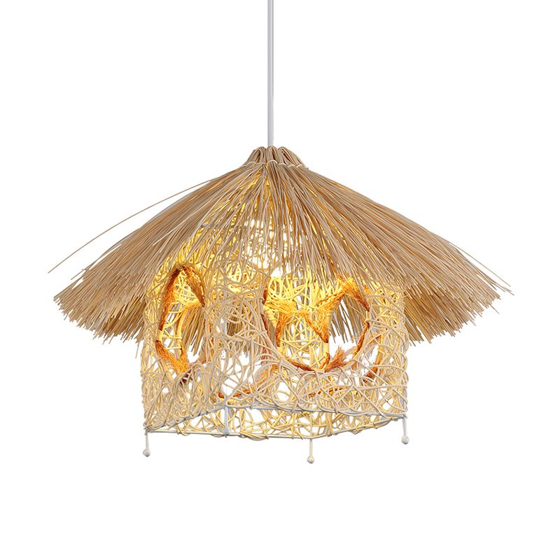 1 tête de salon suspendu Asie Plafond beige Light Light avec une teinte de bambou maison