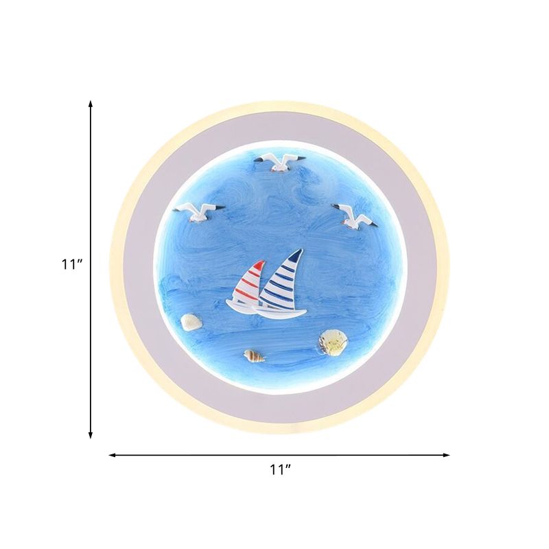 Barco de vela de rayas náuticas Lámpara acrílica para niños Lámpara de pared redonda en azul