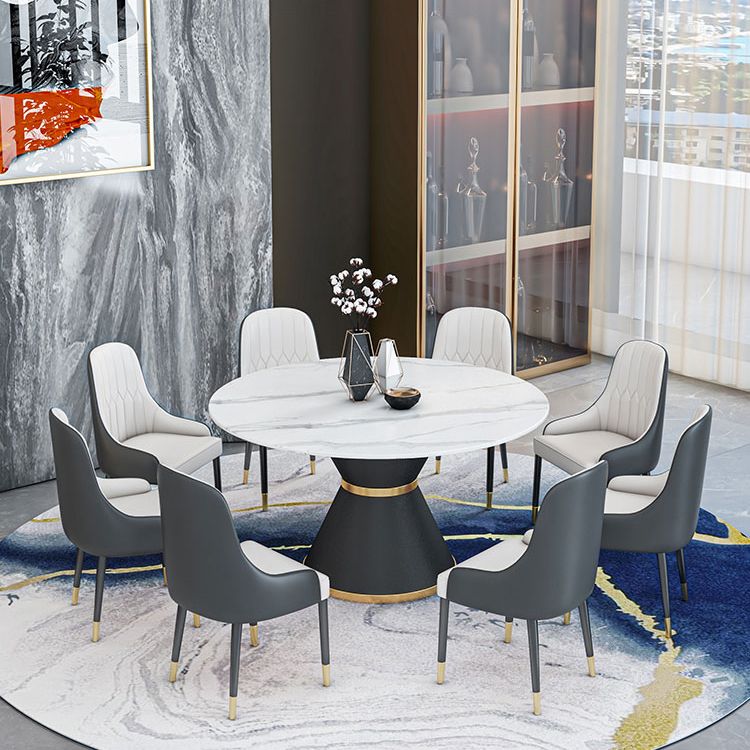 Round Stone Dining Table Black Base Traditional Luxury Dinette Table in White