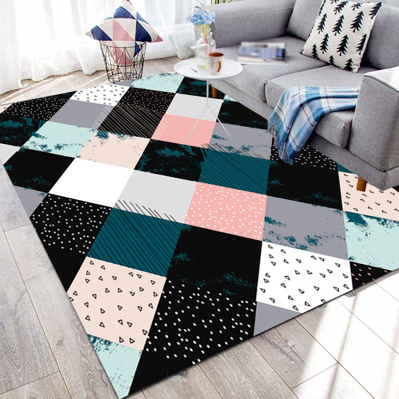 Multicolored Bedroom Rug Modern Geometric Square Pattern Area Rug Polyester Washable Pet Friendly Carpet