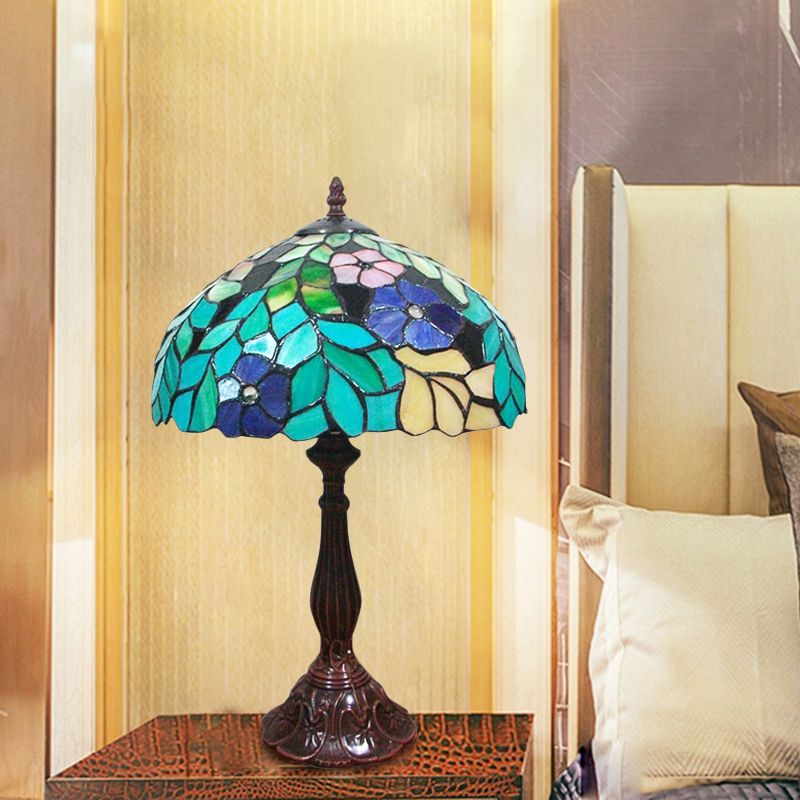 Stained Glass Coffee Nightstand Lamp Bowl Shape 1-Head Victorian Leaf and Petal Patterned Night Table Light
