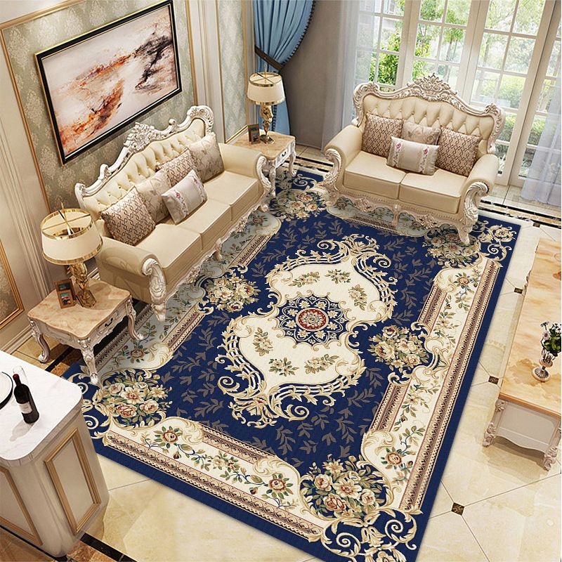 Wine Red Vintage Rug Polyester Medallion Rug Washable Rug for Drawing Room