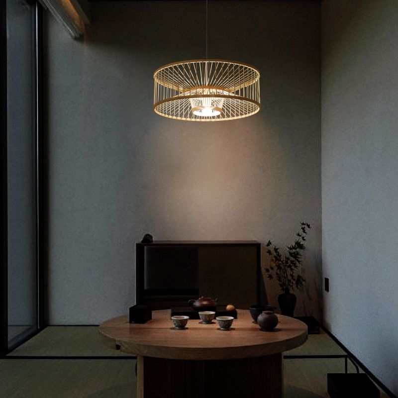 Drum Bamboo Pendant Lighting Contemporary Single-Bulb Wood Suspension Light Fixture