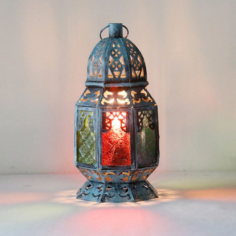 Verouderde kandelaarde bureau licht 1 kop metalen nachttafellamp in blauw met getextureerde glazen schaduw