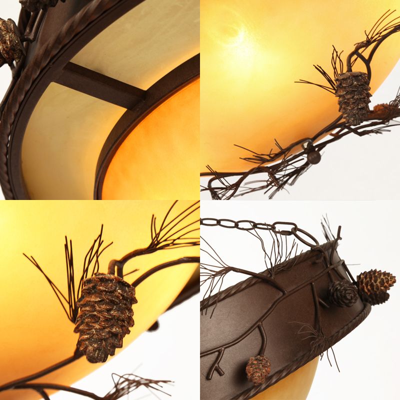 4 Lights Ceiling Light Country Bowl Frosted Glass Hanging Chandelier in Red Brown with Pinecone Accents