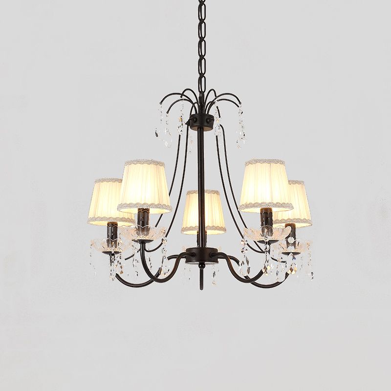 Côté de tissu plissé suspendu la campagne claire 5 têtes lustre de chambre à coucher avec garniture tressée et chute de cristal