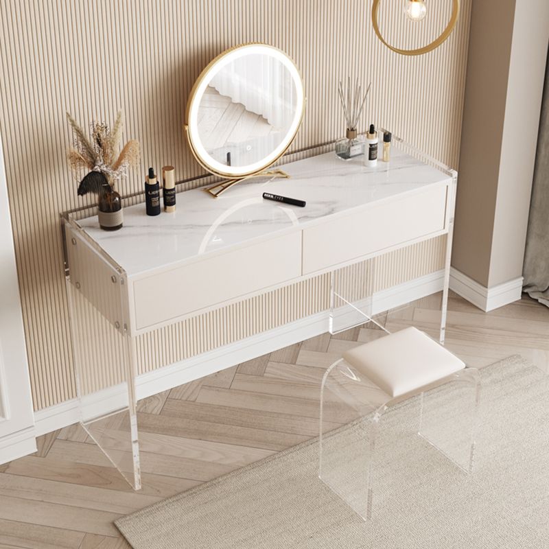 Stone Top Make-up Vanity White Wood Dressing Table with 2 Storage Drawers