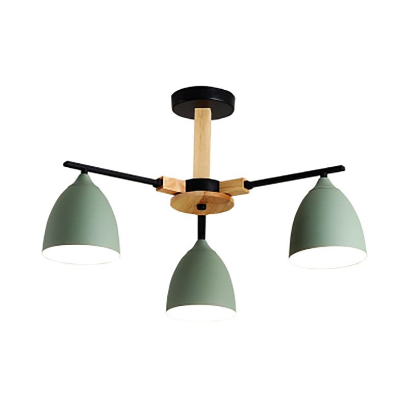 Nordic Dome Shade Drop Ceiling Light Multi-Light Wooden Hanging Chandelier in Green for Living Room