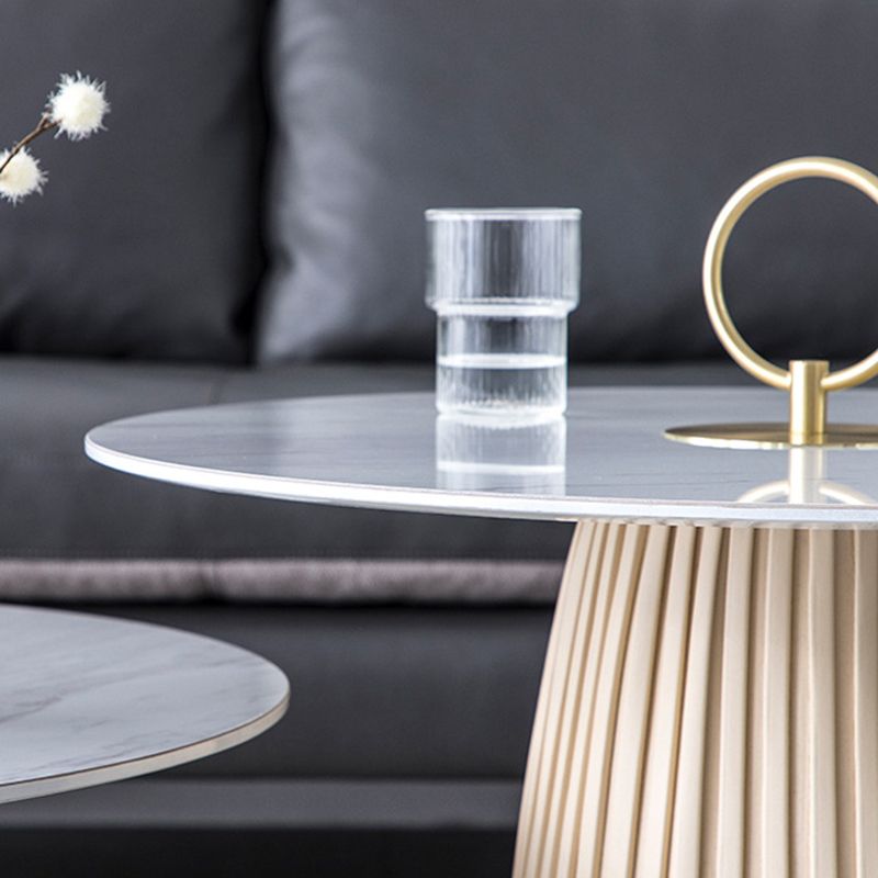 Glam Stone Top Coffee Table Pedestal Round Cocktail Table in White