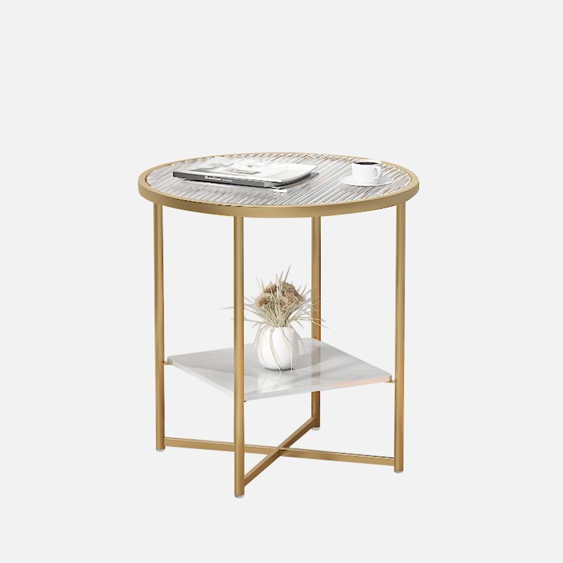 Modern Round Glass Top End Table Cross Legs Sofa Side Table with Shelf