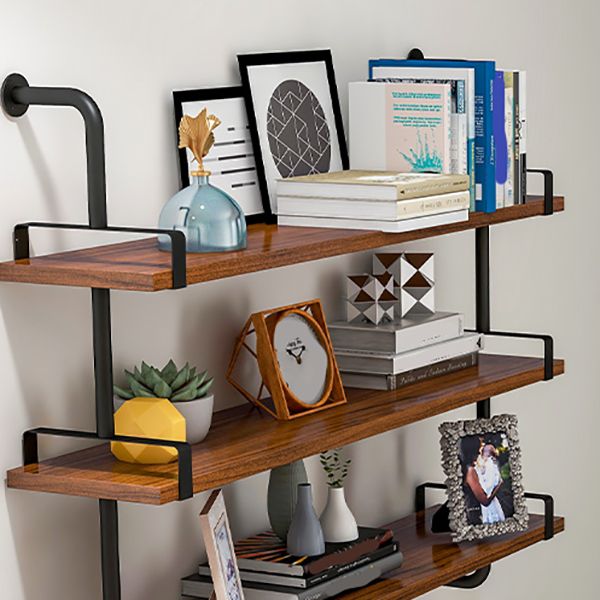 Industrial Wall Unit Bookshelf Black Iron Frame Brown Solid Wood Shelf Bookshelf