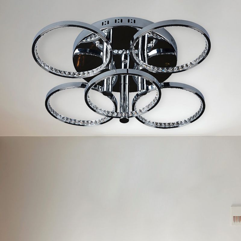 Minimalist Circle Crystal Semi Flush Mount LED Semi Flush in Silver for Living Room, Warm/White Light